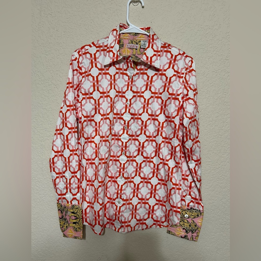 Tizzie Button-Down Shirt Geometric Print Cheetah Slevee Medium Work Resort